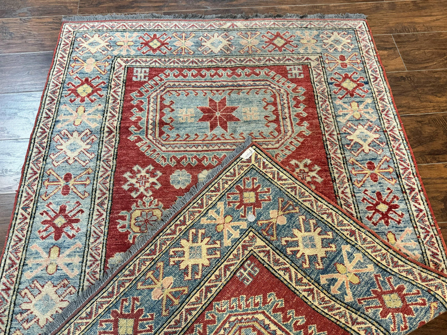 Turkish Kazak Rug 4x6, Handmade Vintage Wool Carpet, Geometric Design, Red and Light Blue - Nuvé