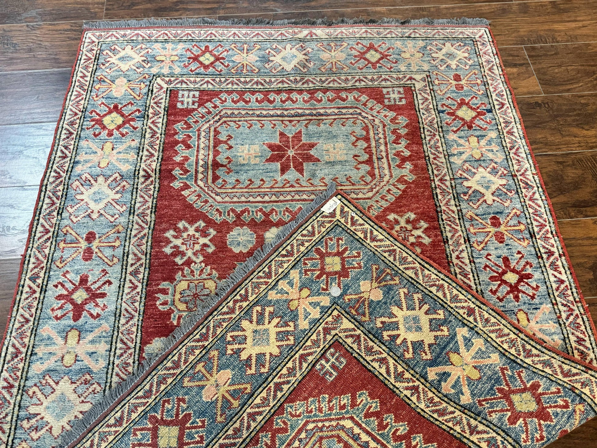 Turkish Kazak Rug 4x6, Handmade Vintage Wool Carpet, Geometric Design, Red and Light Blue - Nuvé
