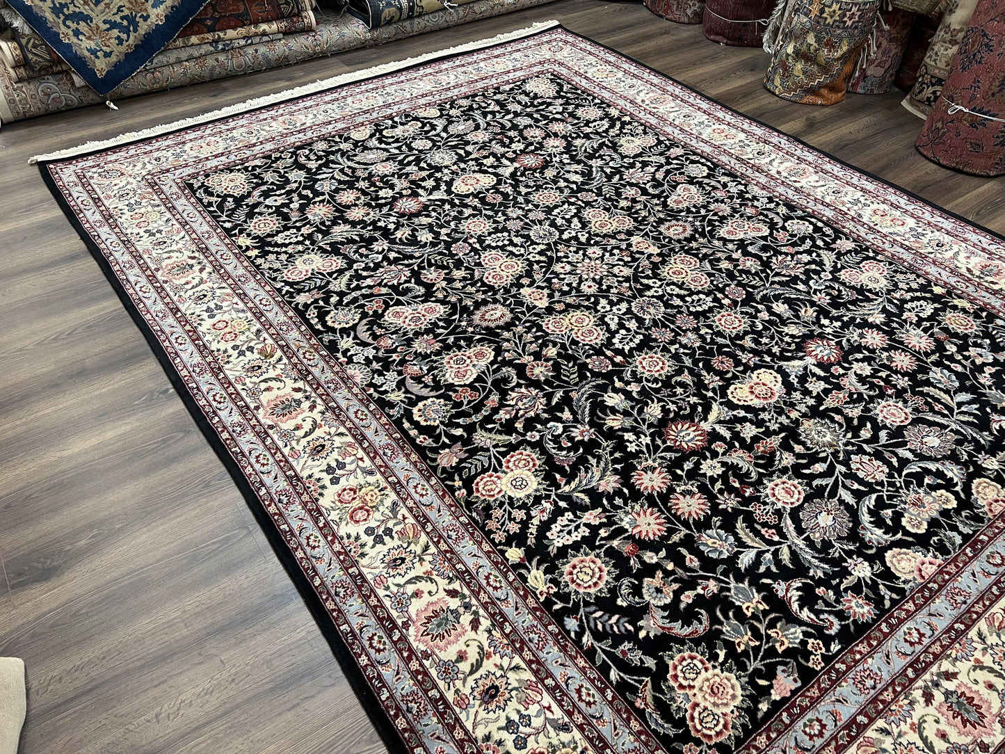 Pak Persian Rug 9x12, Floral Allover, Hand Knotted Oriental Carpet 9 x 12 ft, Black and Cream, Detailed, Wool with Silk Highlights, Vintage - Nuvé