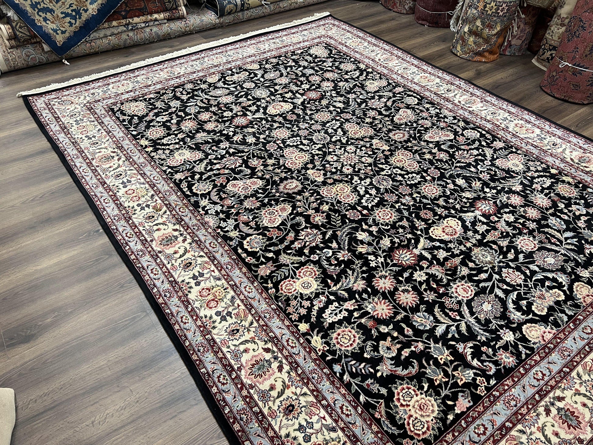 Pak Persian Rug 9x12, Floral Allover, Hand Knotted Oriental Carpet 9 x 12 ft, Black and Cream, Detailed, Wool with Silk Highlights, Vintage - Nuvé