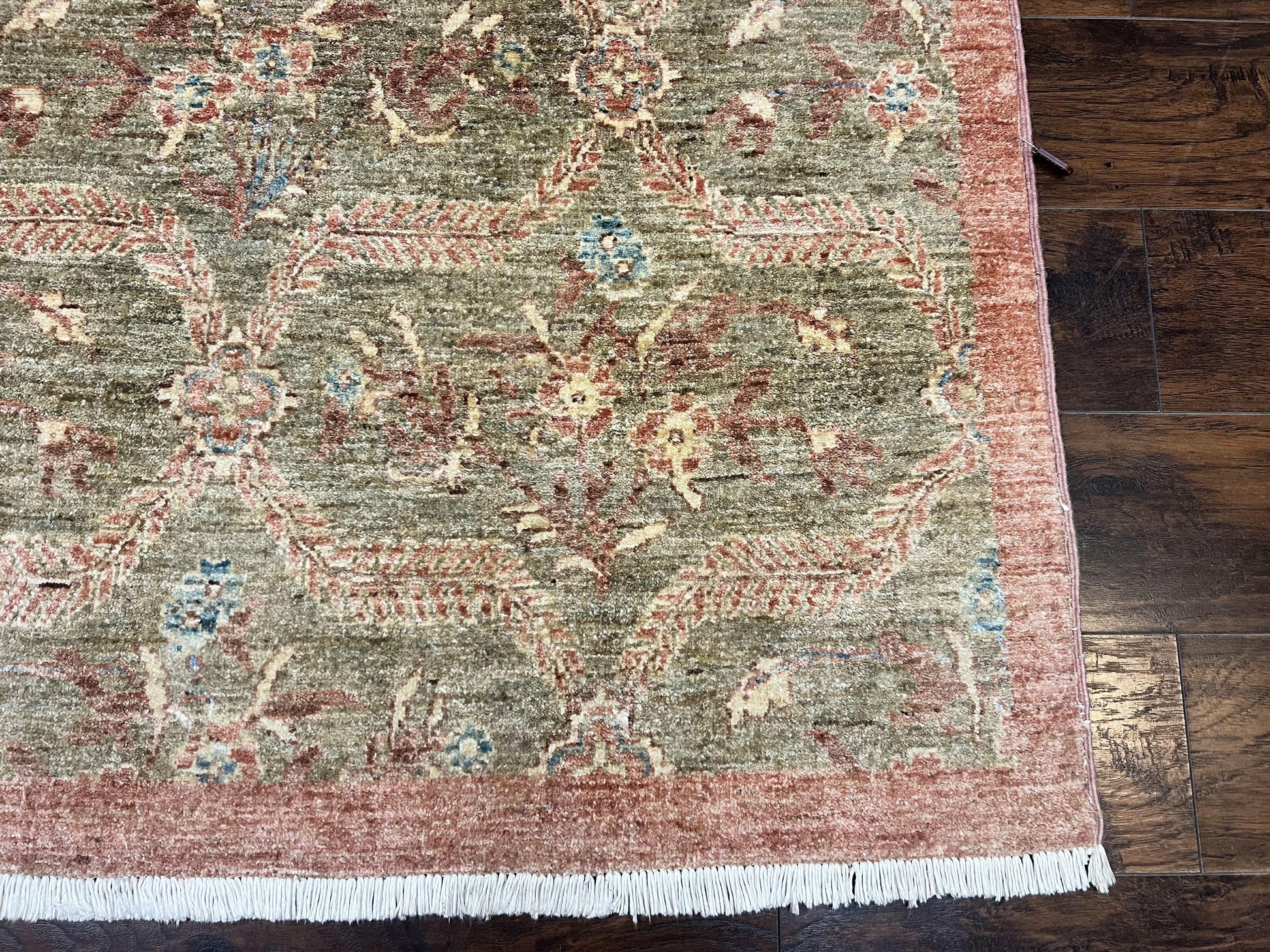 Large Modern Pakistani Rug 9x12, Handmade Wool Carpet, Peshawar Rug, Hand Knotted Oriental Rug, Contemporary, Floral, Light Green - Nuvé