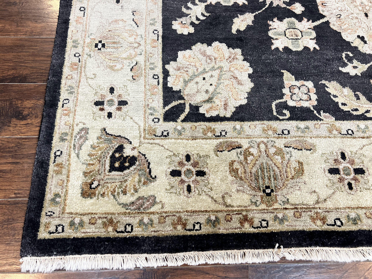 Indo Mahal Rug 8x10, Black and Beige, Vintage Rug 8 x 10 ft, Floral, Handmade Wool Carpet - Nuvé