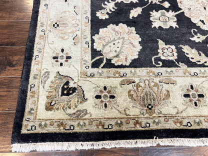 Indo Mahal Rug 8x10, Black and Beige, Vintage Rug 8 x 10 ft, Floral, Handmade Wool Carpet