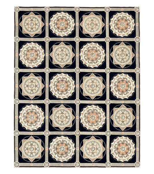 Needlepoint Rug 8x10, Black Tan Beige, Panel Design, Wool Handwoven Handmade Flatweave Needlepoint Carpet, Vintage French European Rug