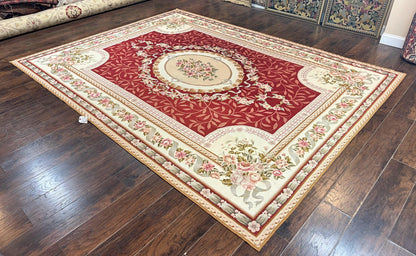 Wonderful Aubusson Rug 9x12, Handmade Vintage Needlepoint Carpet, Red and Ivory, Elegant European Design, Wool - Nuvé