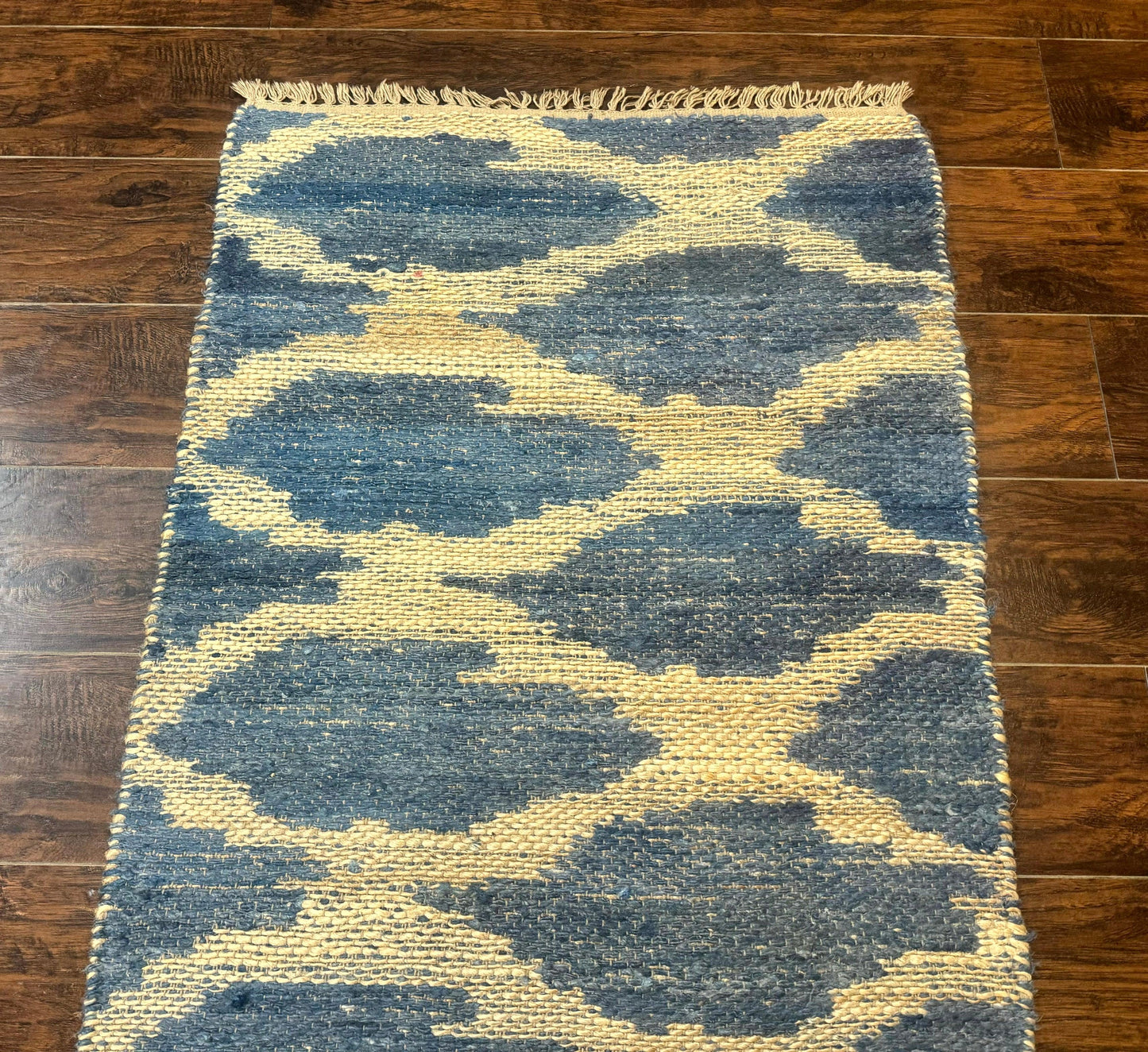Modern Jute Runner Rug 2.9 x 7.9, Beige and Blue, Handwoven, Kaleen Rug - Nuvé