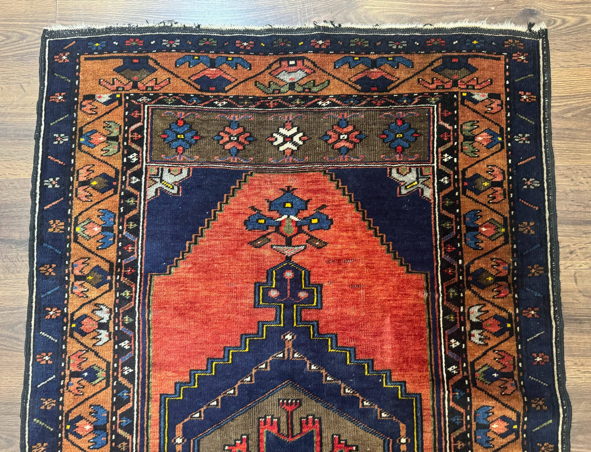 Persian Rug 3x6, Geometric Medallion, Village Tribal Rug, Terracotta and Navy Blue, Antique Nahavand Hamadan Rug - Nuvé