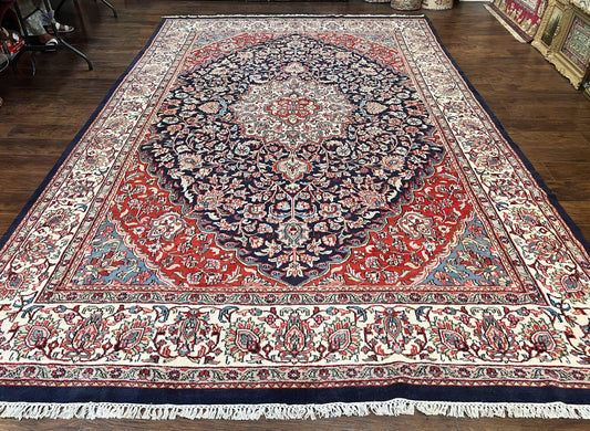Indo Persian Rug 10x15, Floral Allover, Handmade Vintage Wool Carpet, Dark Blue Ivory Red, Palace Size Traditional Rug - Nuvé