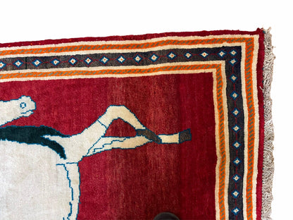 3.5 X 6 Handmade Hand-Knotted New Vintage Rug Quality Wool White Horses Red - Nuvé