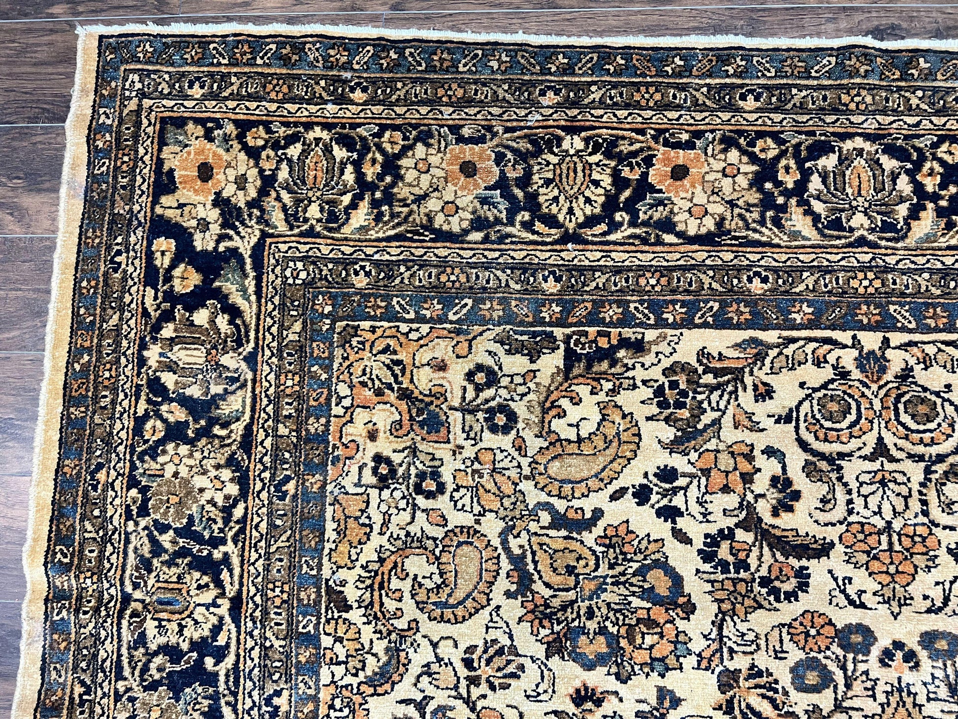 Antique Persian Rug 9x11, Wool Handmade 1920s Oriental Carpet, Persian Hamadan Anjelas Rug, Cream Black, Floral Allover Oriental Rug 9 x 11 Room Sized Rug - Nuvé
