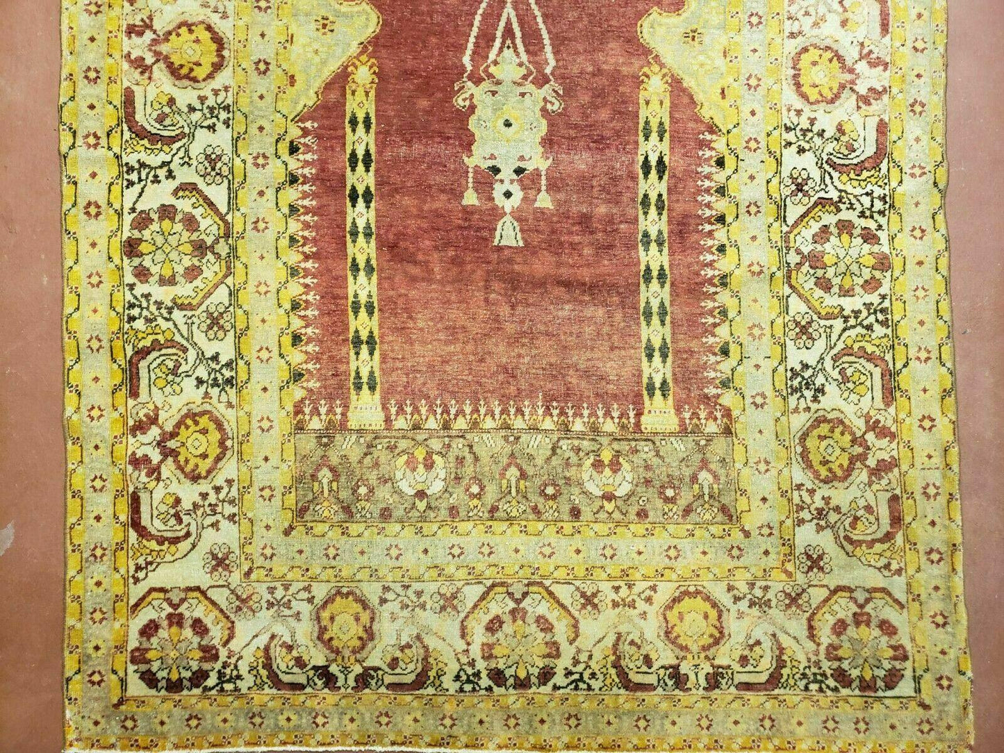4' 5" X 7' Antique HandmadeTurkish Prayer Melas Oushak Wool Rug Mehrab Nice - Nuvé
