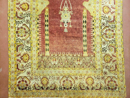 4' 5" X 7' Antique HandmadeTurkish Prayer Melas Oushak Wool Rug Mehrab Nice - Nuvé