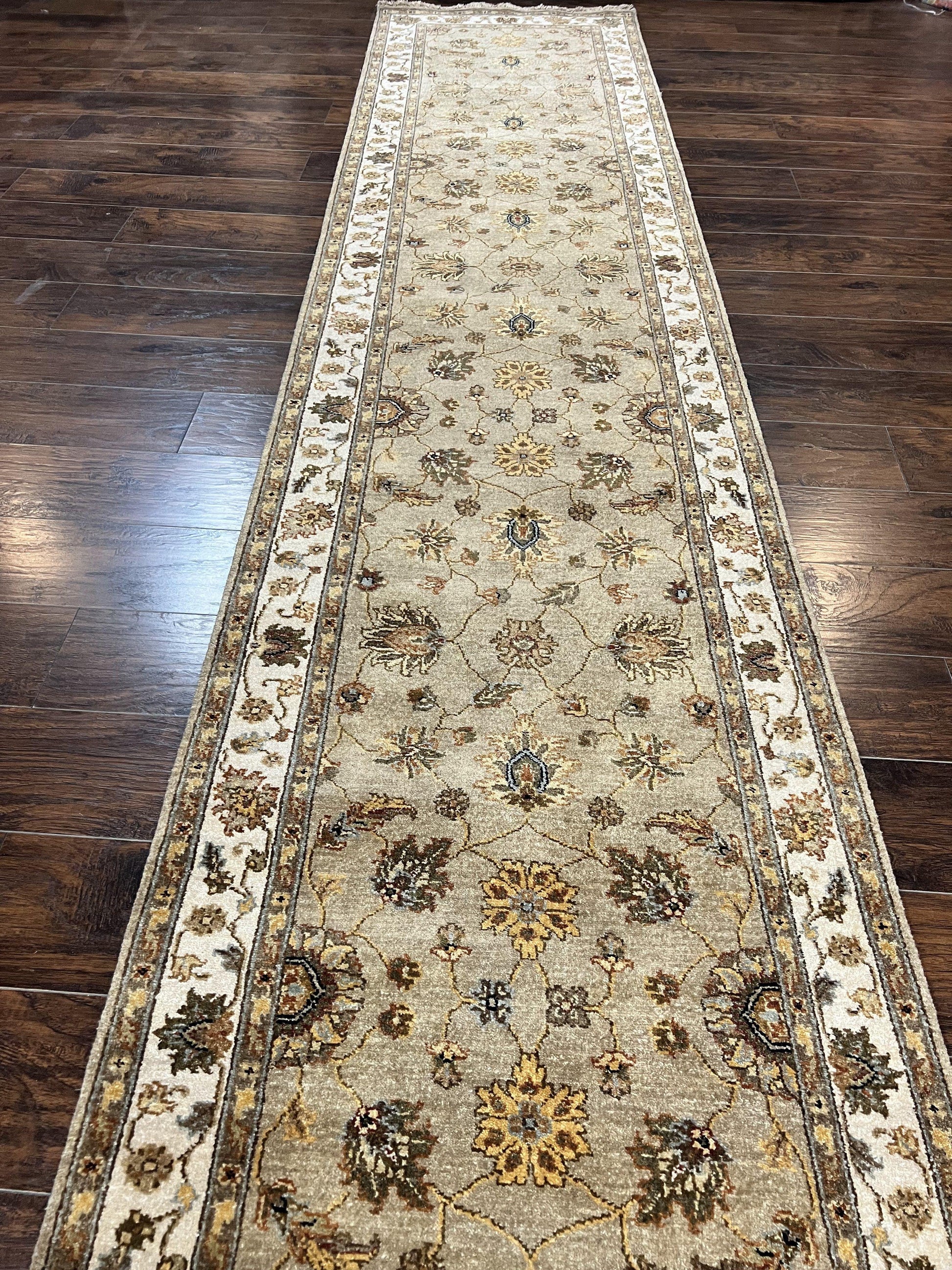 Peshawar Runner Rug 3 x 20, Wool Hand Knotted Vintage Pakistani Carpet, Olive Green & Ivory, Extra Long 20ft Hallway Runner, Floral - Nuvé