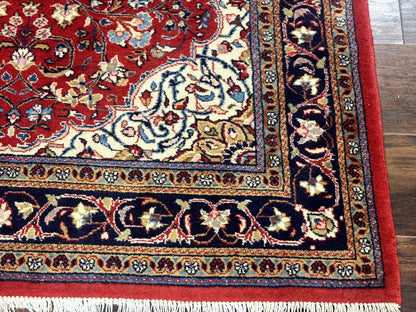 Persian Sarouk Rug 4x7, Red Navy Blue Vintage Wool Medallion Carpet - Nuvé