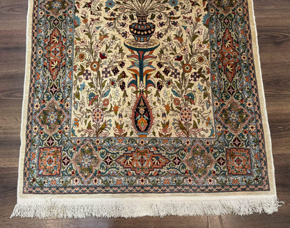 Rare Turkish Hereke Silk Rug 3x5, Tree of Life Persian Vase Design, Very Fine 440 KPSI, Signed - Nuvé