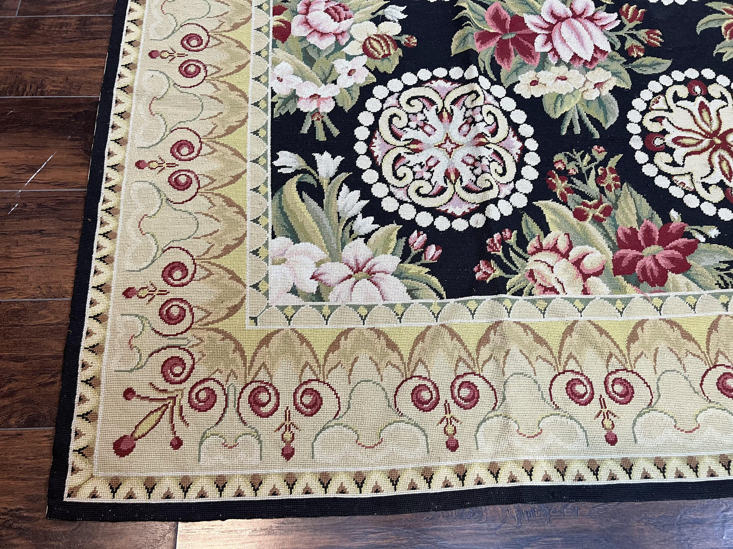 9x12 Black Needlepoint Rug, European Floral Panel Design, Handwoven, Vintage Chinese Needlepoint, Black Green Beige, Wool Rug 9 x 12 - Nuvé