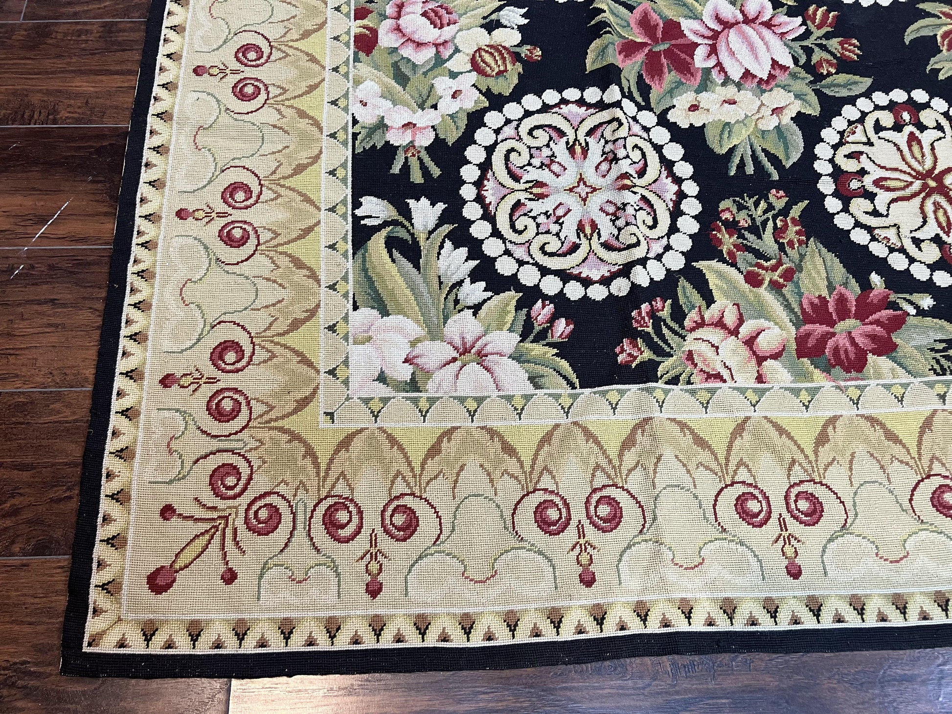9x12 Black Needlepoint Rug, European Floral Panel Design, Handwoven, Vintage Chinese Needlepoint, Black Green Beige, Wool Rug 9 x 12 - Nuvé