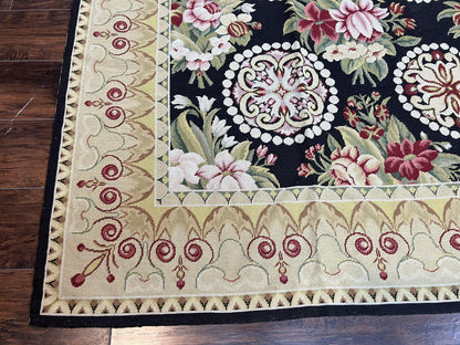 9x12 Black Needlepoint Rug, European Floral Panel Design, Handwoven, Vintage Chinese Needlepoint, Black Green Beige, Wool Rug 9 x 12 - Nuvé