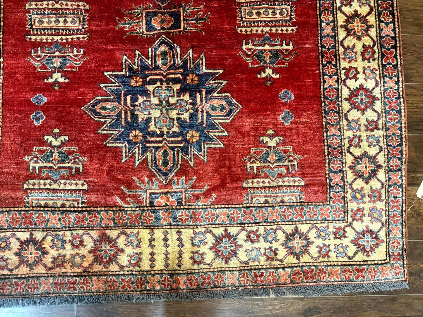 Square Turkish Rug 6x6, Azerbaijani Azeri Turkish Armenian Rug, Red Tan Blue, Geometric, Wool Carpet - Nuvé