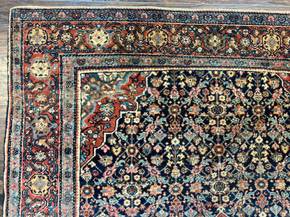 Persian Rug 4x7 Antique Sarouk Farahan Carpet, Navy Blue and Red Wool Rug - Nuvé