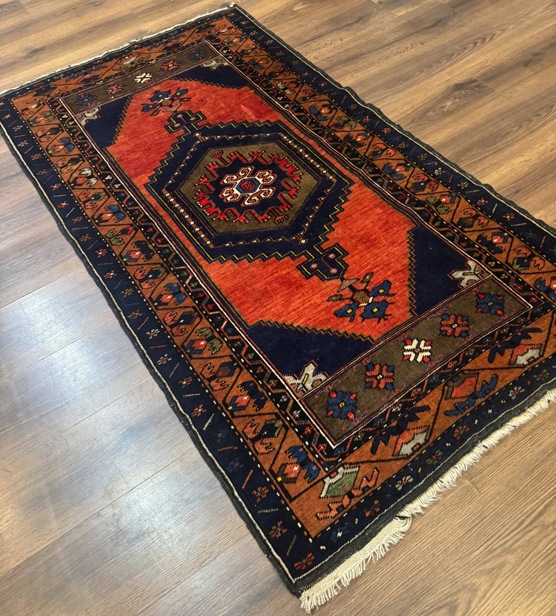 Persian Rug 3x6, Geometric Medallion, Village Tribal Rug, Terracotta and Navy Blue, Antique Nahavand Hamadan Rug - Nuvé