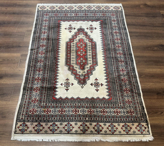 Pakistani Turkoman Rug 4x6, Semi Open Field, Ivory, Vintage - Nuvé