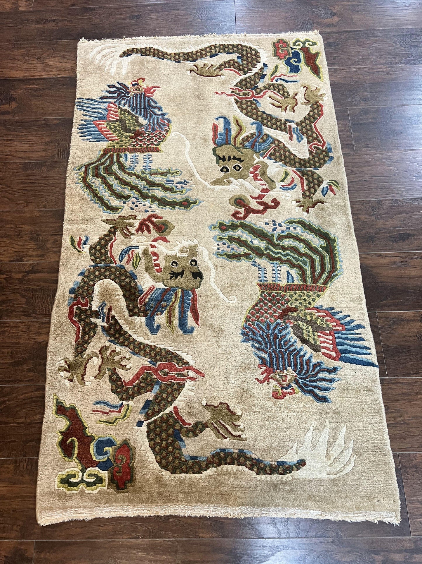 Antique Chinese Peking Rug 3 x 5.6, Dragon Motifs, Handmade Wool Asian Oriental Carpet - Nuvé