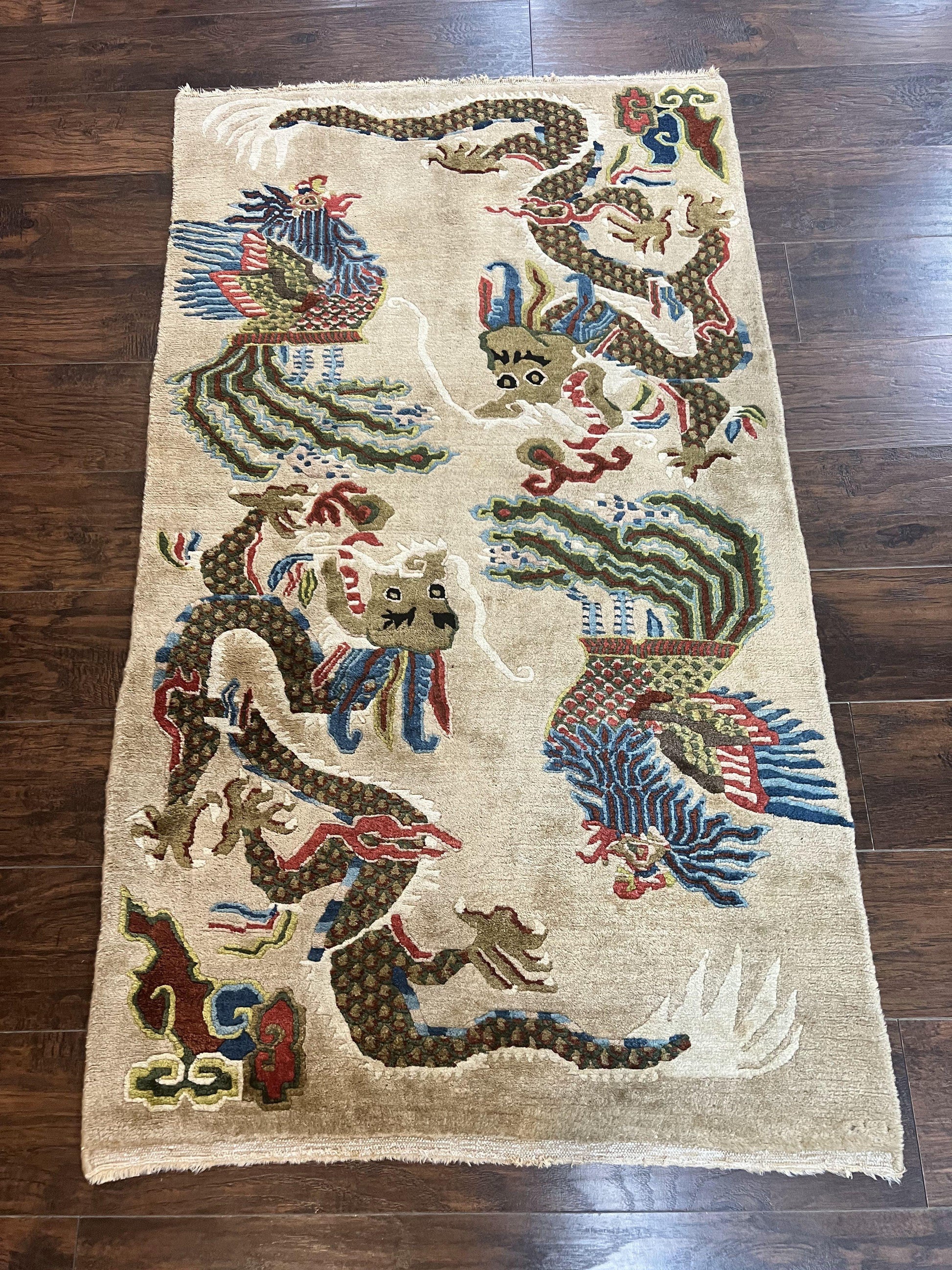 Antique Chinese Peking Rug 3 x 5.6, Dragon Motifs, Handmade Wool Asian Oriental Carpet - Nuvé