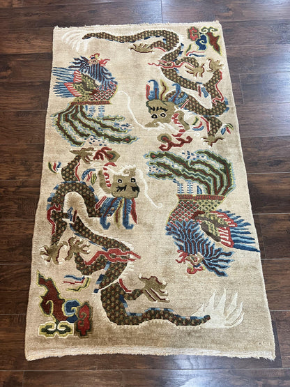 Antique Chinese Peking Rug 3 x 5.6, Dragon Motifs, Handmade Wool Asian Oriental Carpet - Nuvé