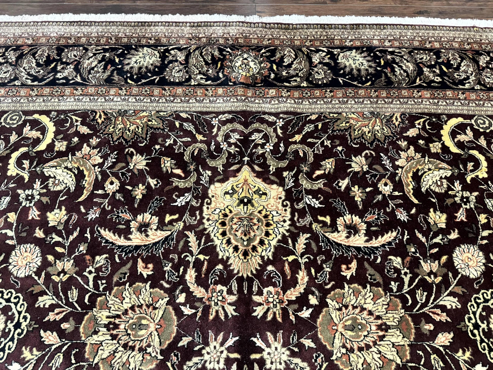 Indo Persian Rug 10x14, Floral Allover, Handmade Vintage Wool Rug, Dark Maroon/Plum and Black - Nuvé