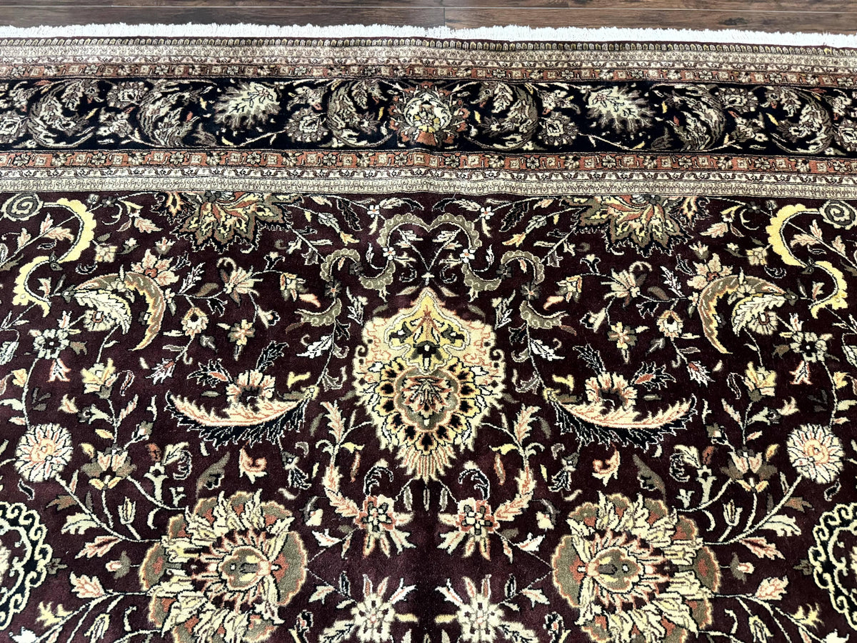 Indo Persian Rug 10x14, Floral Allover, Handmade Vintage Wool Rug, Dark Maroon/Plum and Black