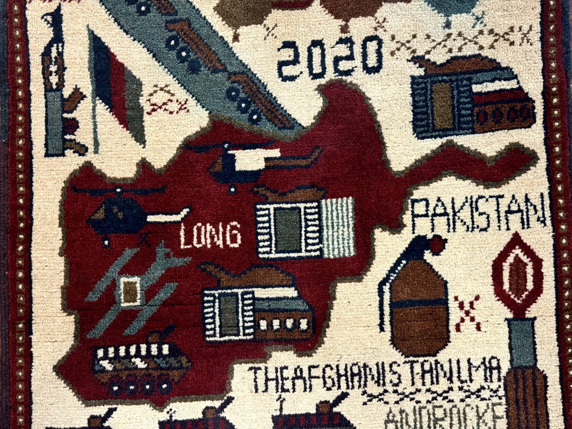 Afghan War Rug 2 x 2.6, Guns Tanks Helicopters - Nuvé