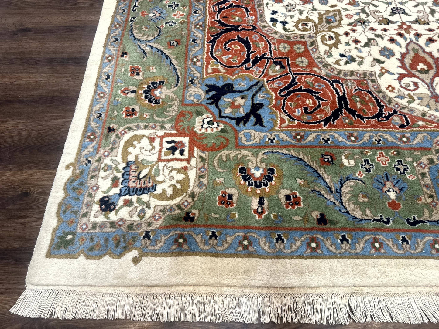 Indo Persian Rug 9x12, Ivory Red Green, Traditional Oriental Carpet - Nuvé