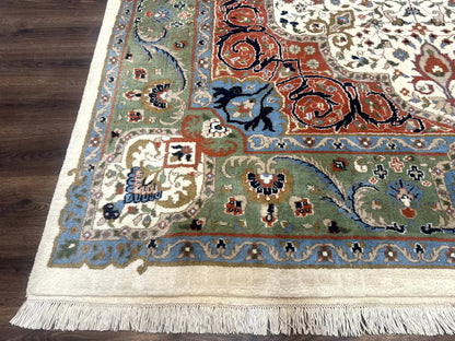 Indo Persian Rug 9x12, Ivory Red Green, Traditional Oriental Carpet - Nuvé