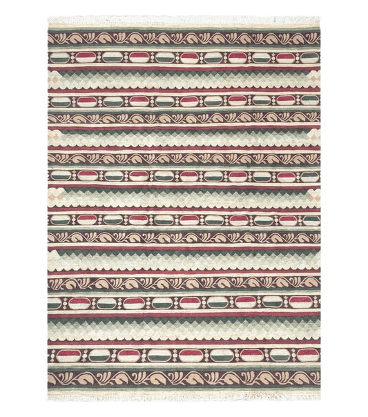 Large Vintage Striped Rug, Handmade, Earth Tone Decor, Beiges Slate Gray Dark Red, Flatweave Indian Striped Carpet, Indian Kilim 10x14, Wool