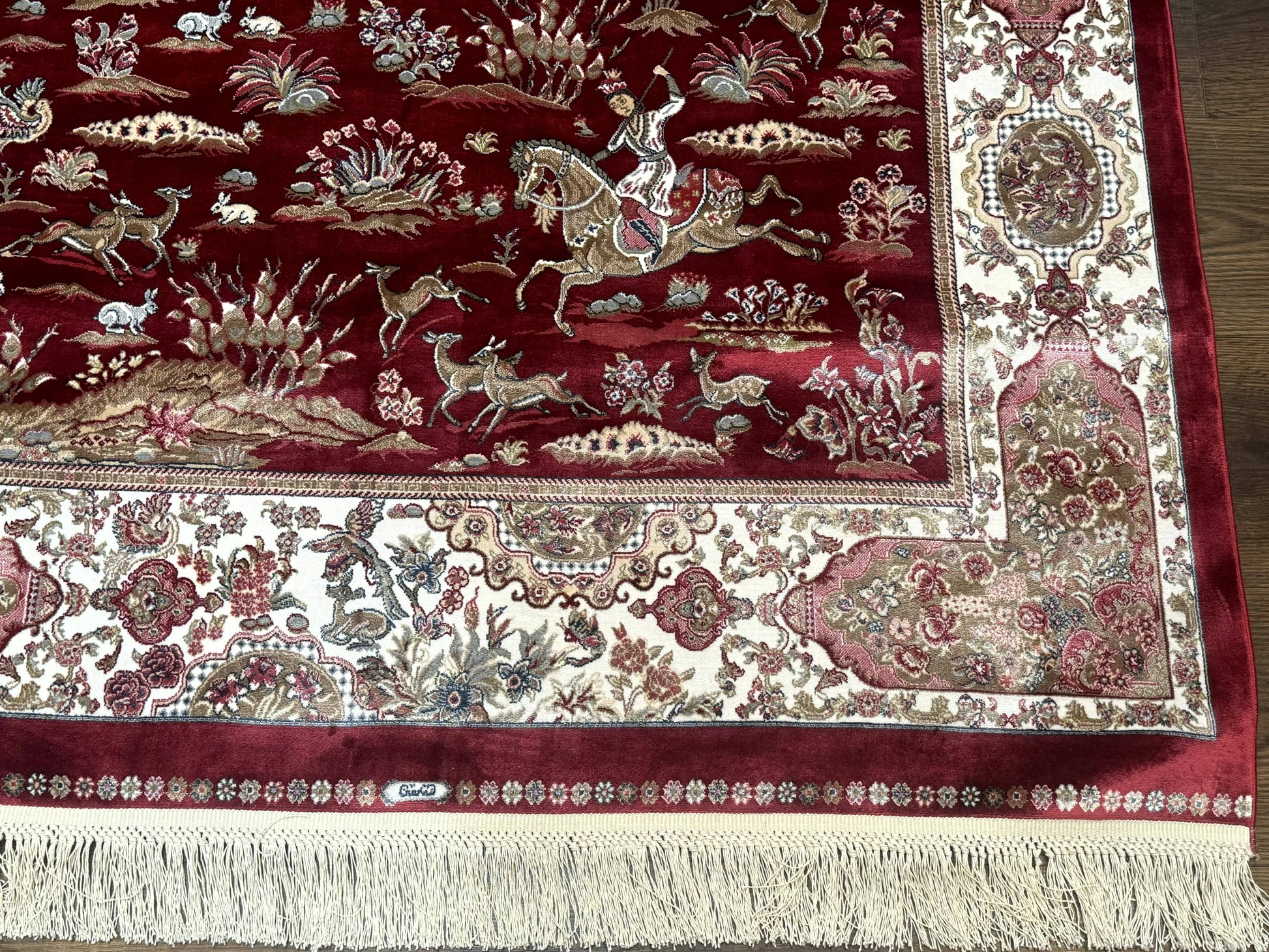 Turkish Silk Hunting Design Rug 4x6, Dark Red & Ivory, Bamboo Silk, New - Nuvé
