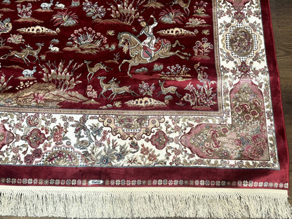 Turkish Silk Hunting Design Rug 4x6, Dark Red & Ivory, Bamboo Silk, New - Nuvé