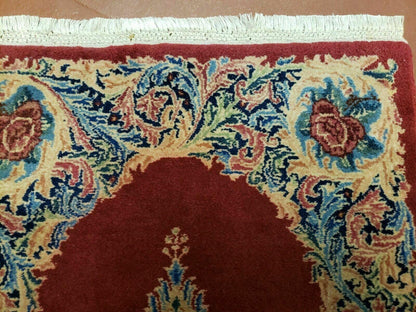 Small Persian Kirman Rug 2x4, Wool Oriental Vintage Handmade Carpet, Hand Knotted Floral Medallion, Red & Beige, Semi Open Field - Nuvé