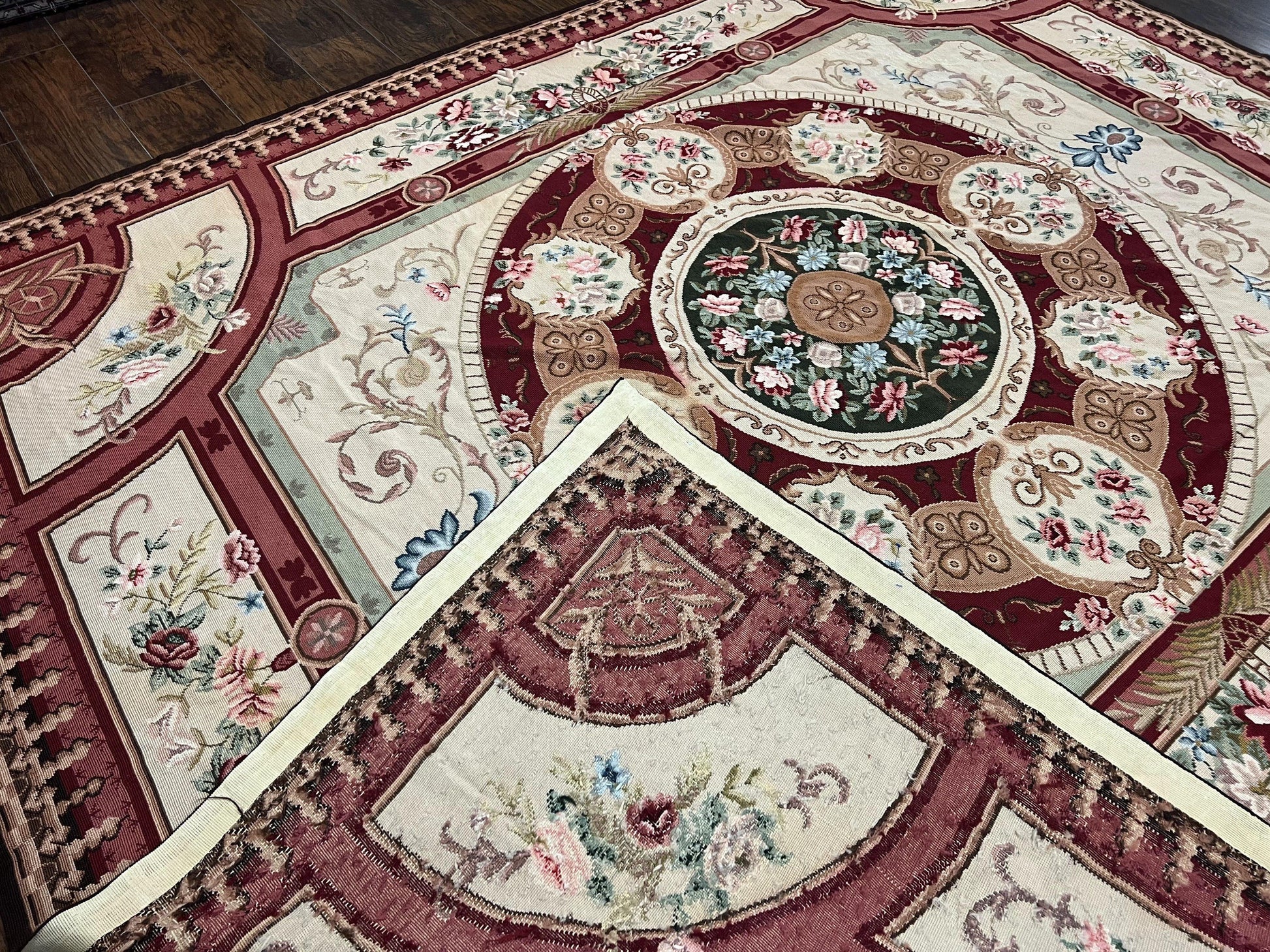 Needlepoint Rug 7.9 x 9, Beige Maroon Rose, Handmade Handwoven Flatweave Aubusson Savonnerie French European Elegant Carpet, Wool Rug - Nuvé