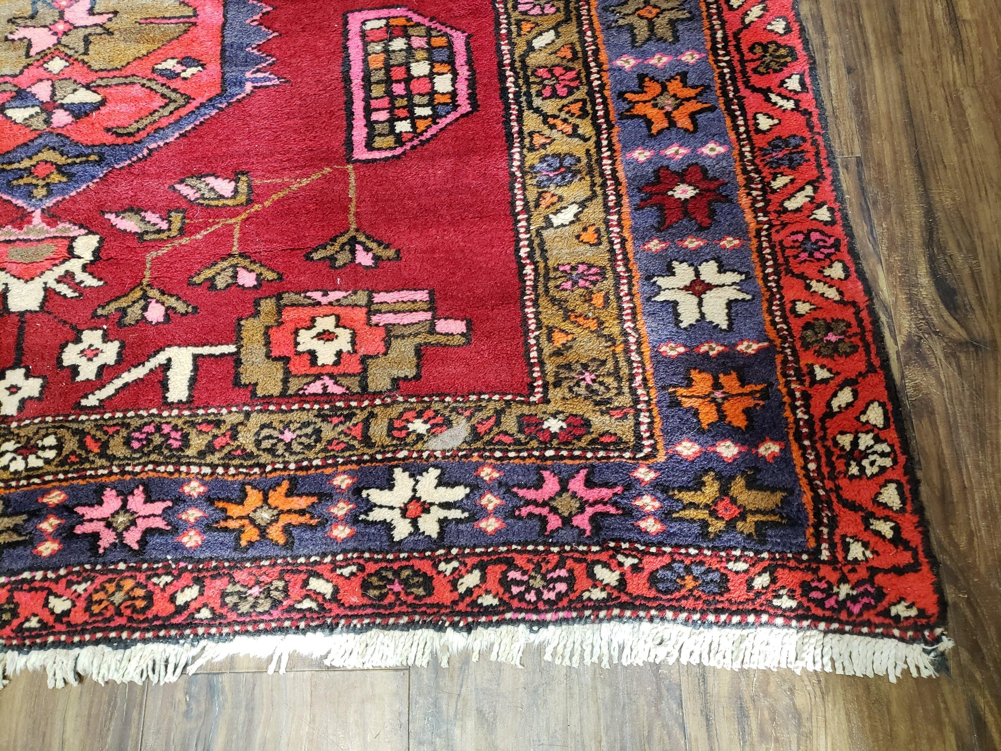 Antique Persian Karajeh Runner Rug 4.4 x 11 ft, Red Colorful Geometric Medallion Runner - Nuvé