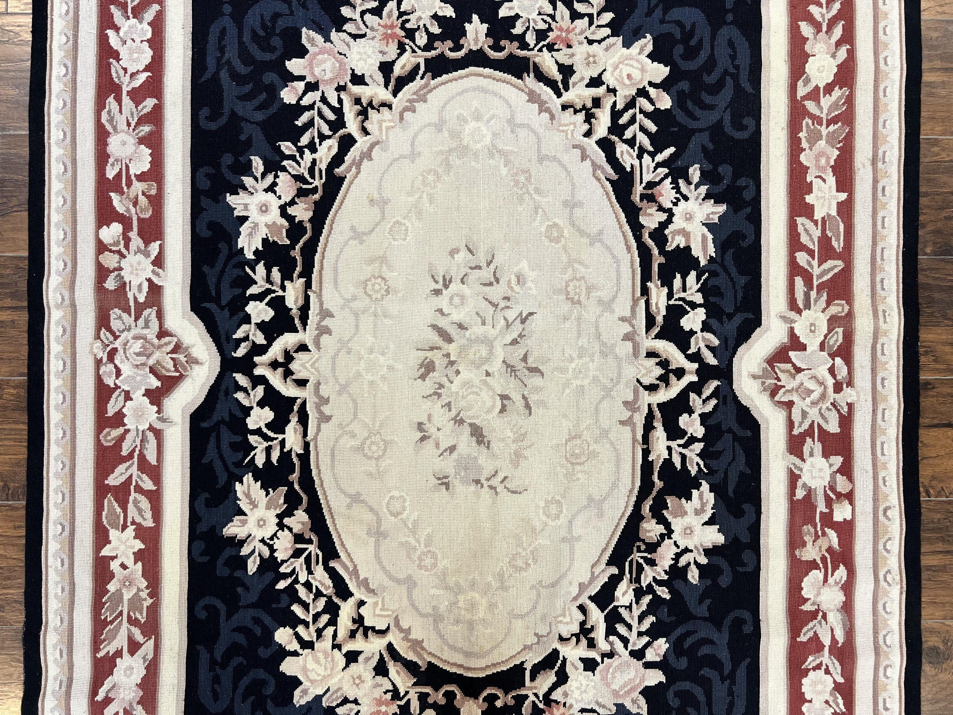 Needlepoint Rug 5x8, Wool Handmade Vintage European Design Carpet, Black & Maroon, French Aubusson Pattern Flatweave Rug - Nuvé