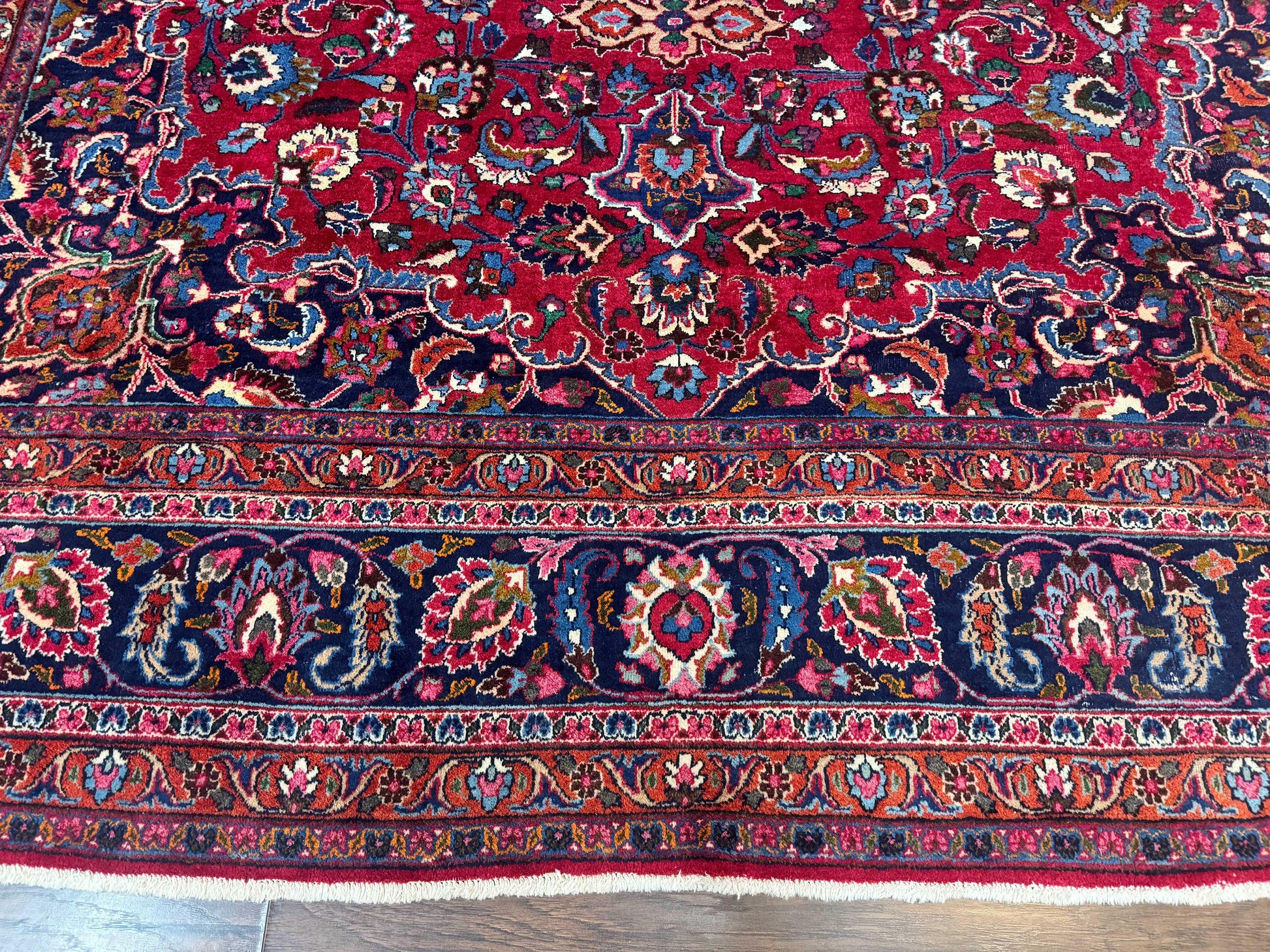 Antique Persian Mashad Rug 10x13, Red and Navy Blue, Great Colors, Signed By Masterweaver, Floral Medallion, Handmade Wool Persian Carpet - Nuvé