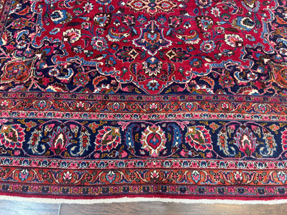 Antique Persian Mashad Rug 10x13, Red and Navy Blue, Great Colors, Signed By Masterweaver, Floral Medallion, Handmade Wool Persian Carpet - Nuvé