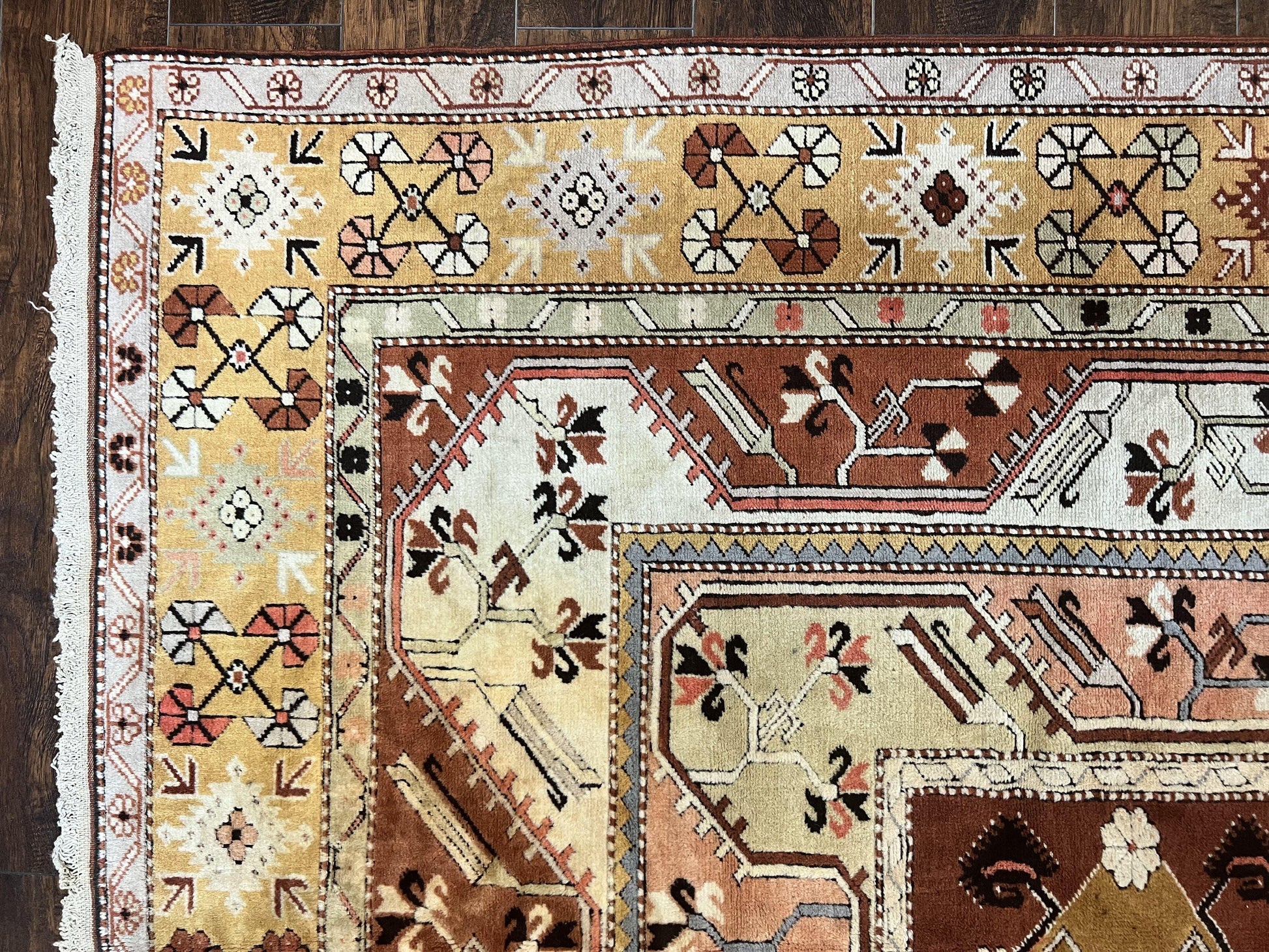 Turkish Rug 7x10, Wool Hand Knotted Vintage Carpet, Geometric Kazak Pattern - Nuvé