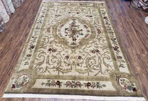 Vintage Nepali Tibetan Aubusson Rug 6x9, Wool Hand-Knotted Cream Beige Carpet, Leaves & Floral Pattern 6 x 9 Soft Area Rug Home Office Rug - Nuvé