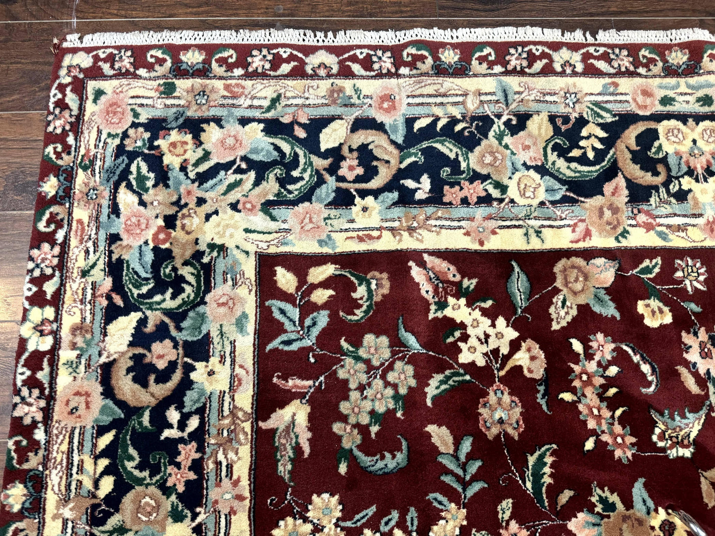 Indo Persian Rug 8x10, Floral Allover with Bird Pictorials, Maroon and Navy Blue, Handmade Wool Area Rug - Nuvé