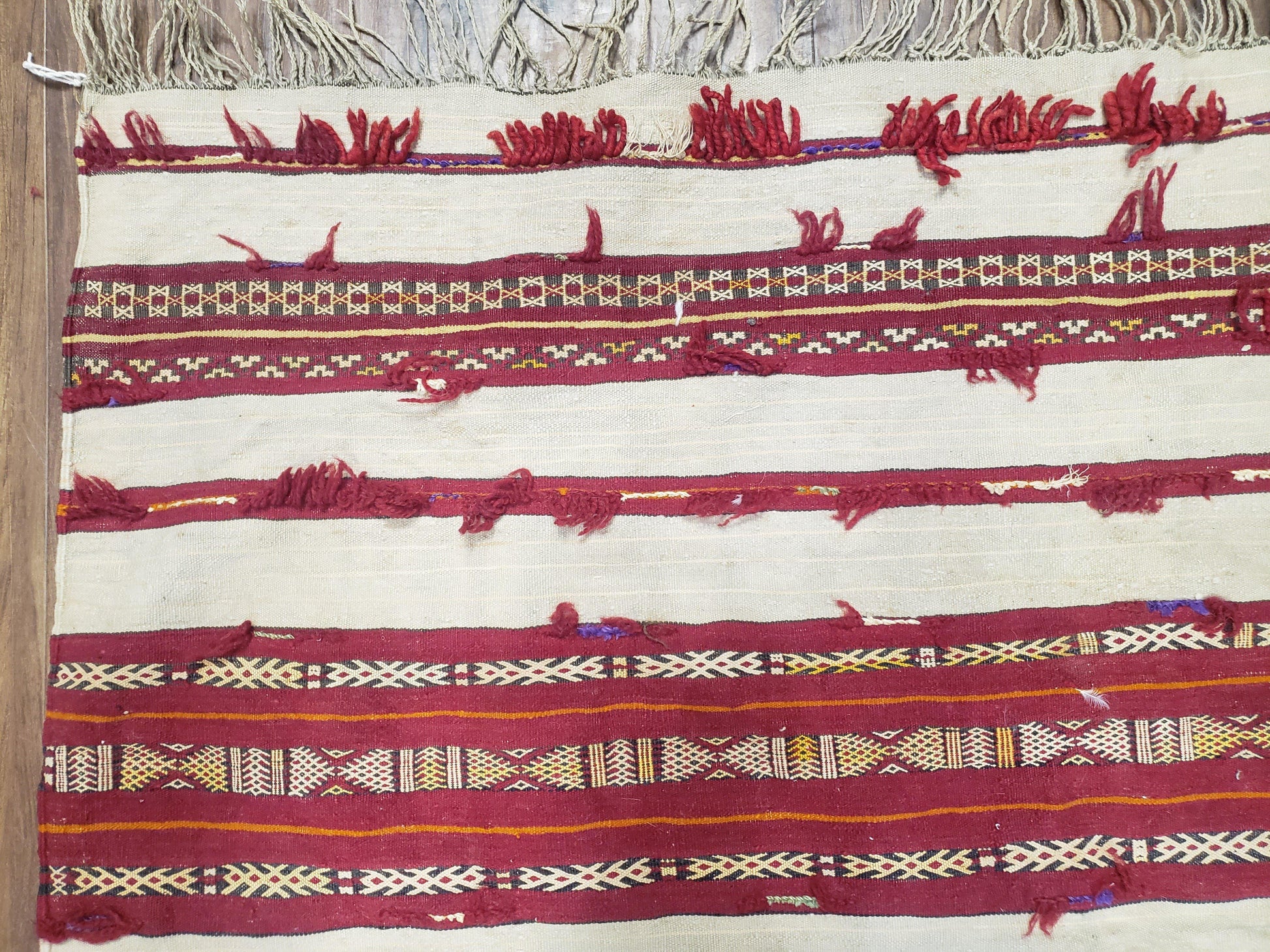 Antique Turkoman Yamud Rug 3x5 ft, 1920s Turkmen Sofreh Table Cover, Bohemian Rug, Tribal Collectible, Striped Rug, Handmade Ivory and Red - Nuvé