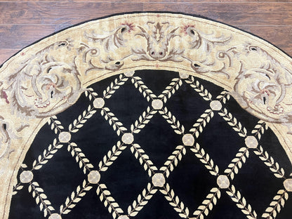 Oval Tibetan Rug 8x10, French Aubusson Design, Wool Handmade Vintage Carpet, Black & Beige, Soft Wool Pile - Nuvé