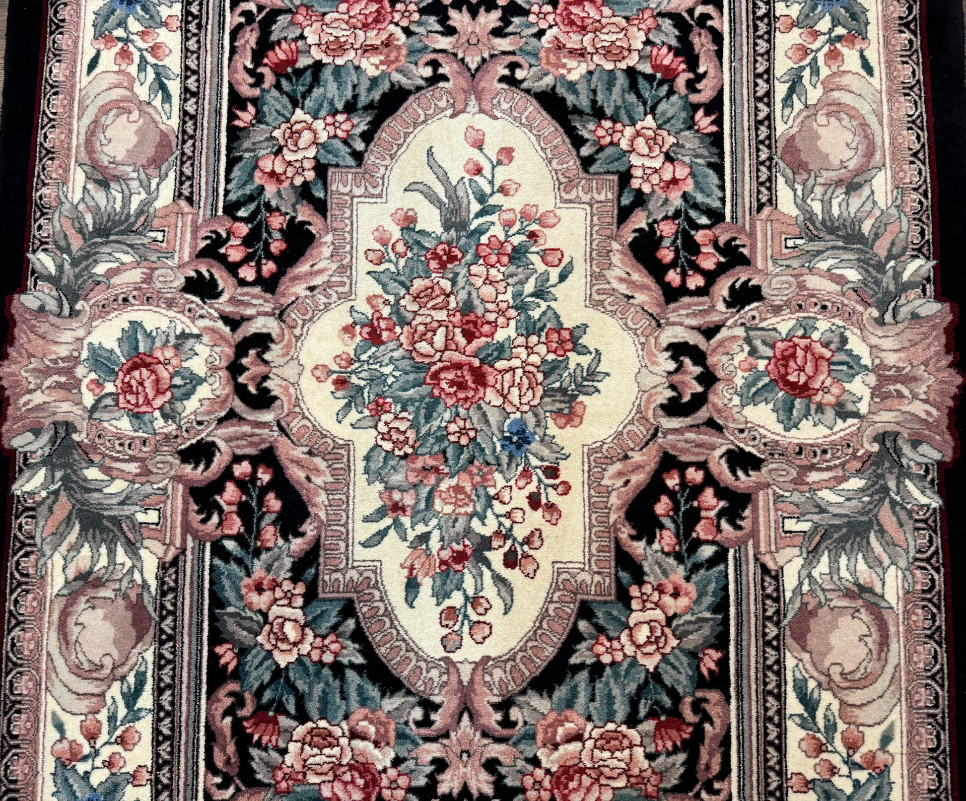 Aubusson Rug 4x6, Elegant European Floral Design, Black and Ivory, Fine 200 KPSI - Nuvé