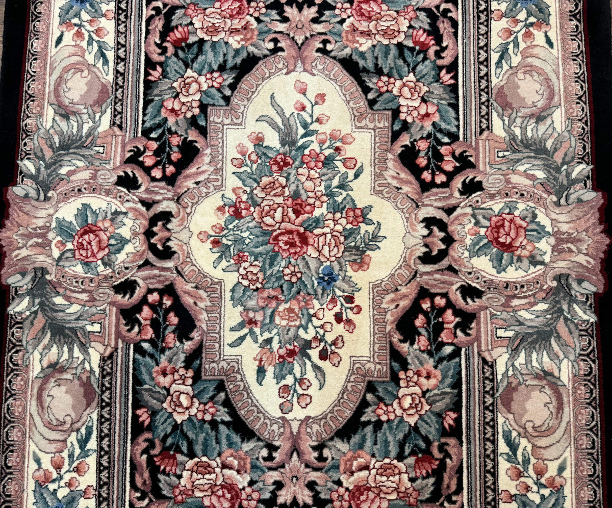 Aubusson Rug 4x6, Elegant European Floral Design, Black and Ivory, Fine 200 KPSI